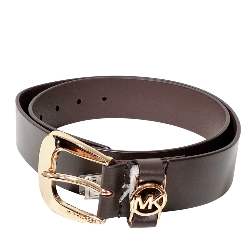 Michael Kors Dark Brown Leather Belt Gold-Tone Singnature MK Logo Hardware‎ NEW